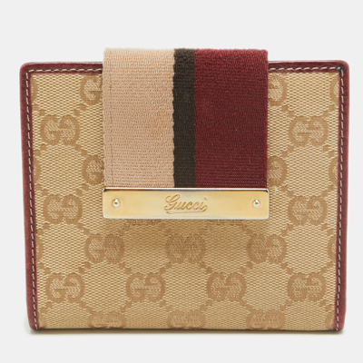 Pre-owned Gucci Beige/burgundy Gg Canvas And Leather Web Flap French Wallet