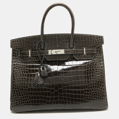 Pre-owned Hermes Graphite Crocodile Porosus Palladium Finish Birkin 35 Bag In Grey