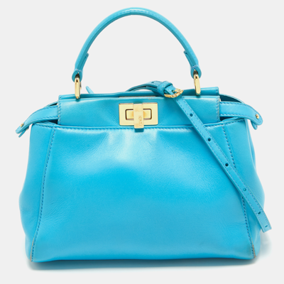 Pre-owned Fendi Light Blue Leather Mini Peekaboo Top Handle Bag