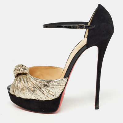 Pre-owned Christian Louboutin Gold/black Suede And Leather Ankle Strap Louboutin Sandals Size 40