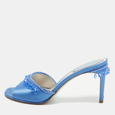 Pre-owned René Caovilla Blue Satin Crystal Embellished Slide Sandals Size 37