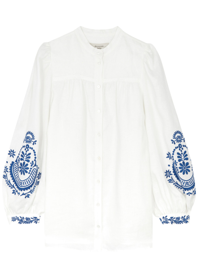 Shop Max Mara Carnia Embroidered Linen Blouse In White And Blue