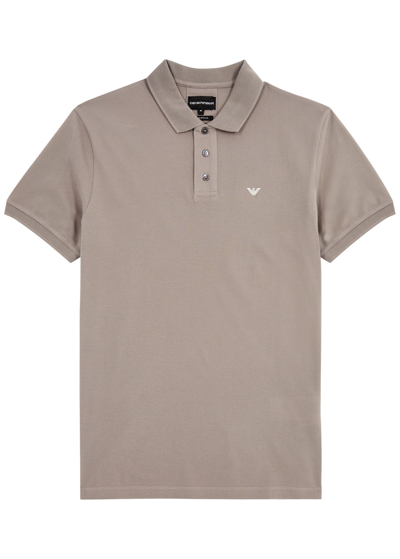 Shop Emporio Armani Logo Piqué Cotton Polo Shirt In Beige
