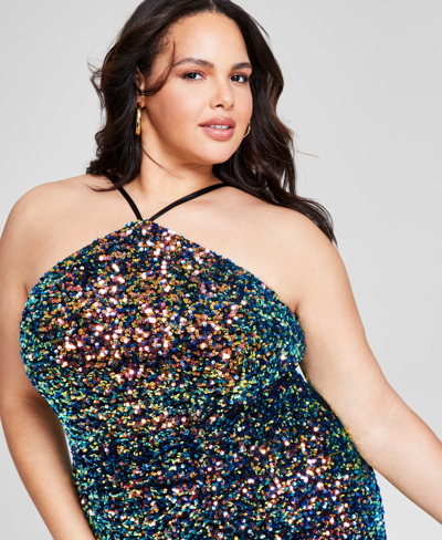 Shop B Darlin Trendy Plus Size Sequined Halter High-slit Gown In Black,royal,iridescent