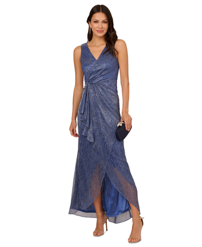 Shop Adrianna Papell Women's Metallic Ruffled Sleeveless Faux-wrap Gown In Light Navy