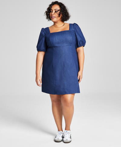 Shop And Now This Trendy Plus Size Square-neck Denim Dress In Dark Blue Wash