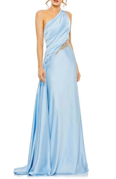 Shop Mac Duggal Crystal Detail One-shoulder Satin Gown In Powder Blue