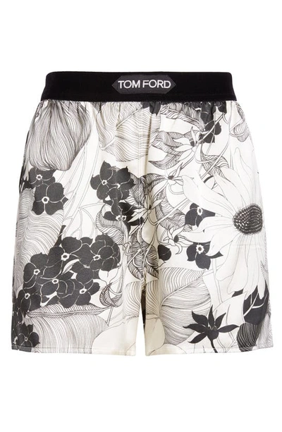 Shop Tom Ford Floral Print Silk Stretch Satin Pajama Shorts In Ecru/ Black
