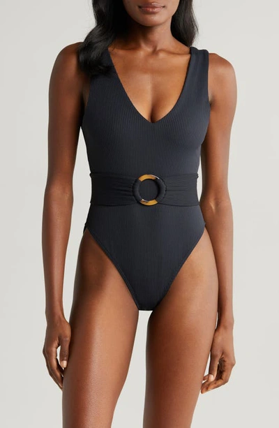 Shop Montce Kim Belted Rib One-piece Swimsuit In Black Rib