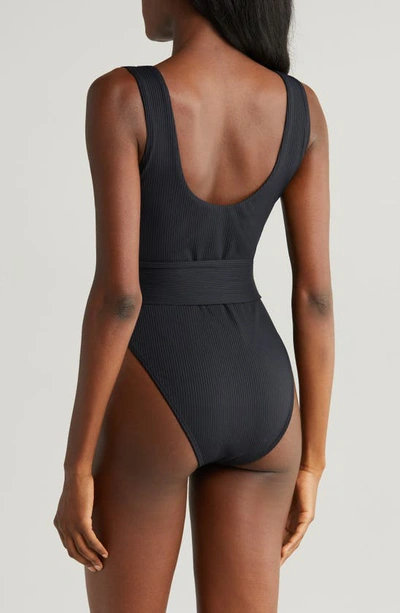 Shop Montce Kim Belted Rib One-piece Swimsuit In Black Rib
