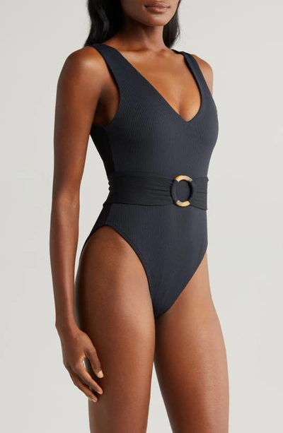 Shop Montce Kim Belted Rib One-piece Swimsuit In Black Rib