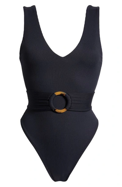 Shop Montce Kim Belted Rib One-piece Swimsuit In Black Rib