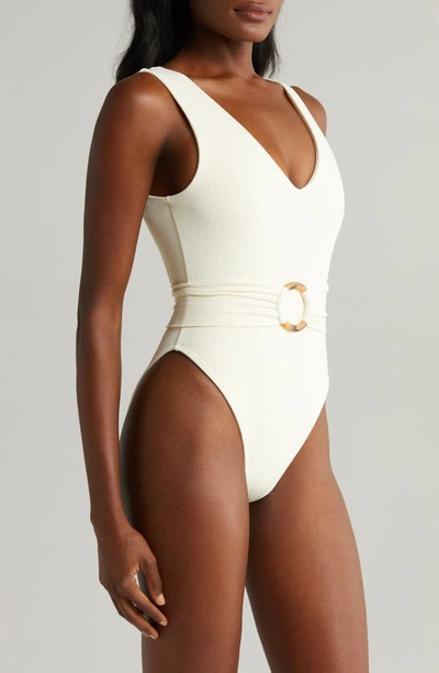 Shop Montce Kim Belted Rib One-piece Swimsuit In Cream Rib