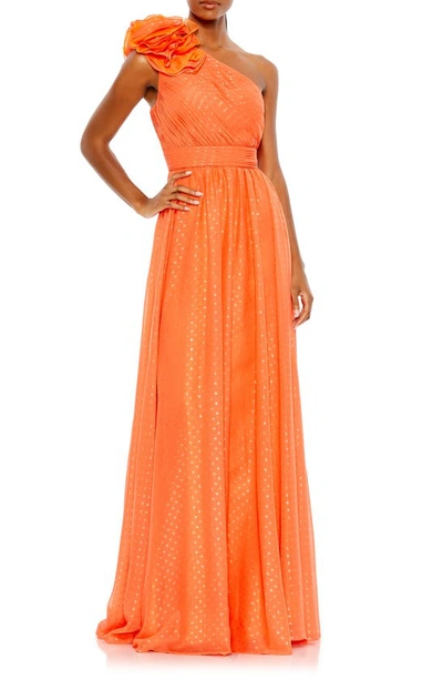 Shop Mac Duggal Rosette Metallic Dot One-shoulder Chiffon Gown In Tangerine