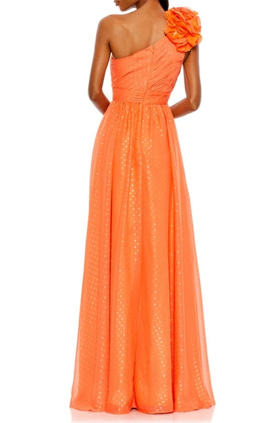 Shop Mac Duggal Rosette Metallic Dot One-shoulder Chiffon Gown In Tangerine