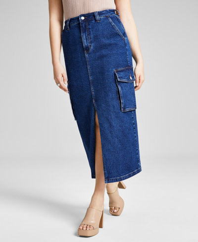 Shop And Now This Women's Denim Cargo Maxi Skirt, Created For Macy's In Dark Blue Wash