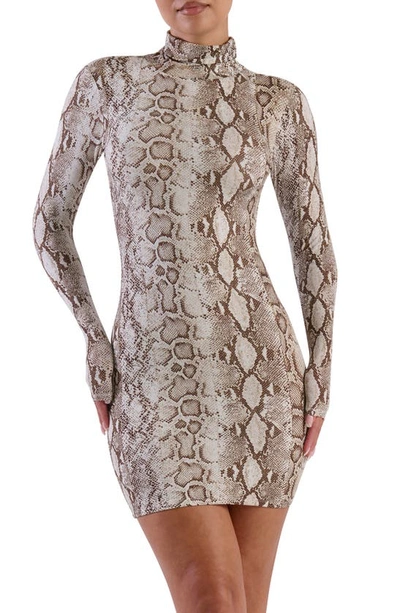 Shop N By Naked Wardrobe Snakeskin Print Long Sleeve Dress In Ivory Snakeskin