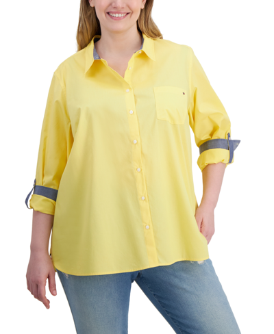 Shop Tommy Hilfiger Plus Size Cotton Roll-tab Shirt In Snapdragon