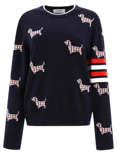 Shop Thom Browne Dark Blue All-over Patterned Crew Neck Sweater In Wool Blend Man