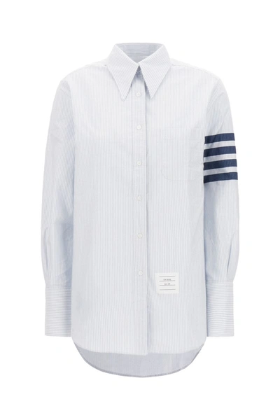 Shop Thom Browne Exaggerated Easy Fit Point Collar Shirt In University Stripe W/ Woven 4 Bar Stripe Oxfordw In Blu