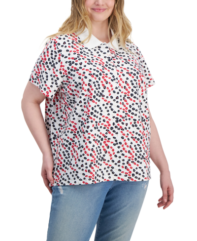 Shop Tommy Hilfiger Plus Size Ditsy-floral Printed Polo Top In Scarlet,bright White