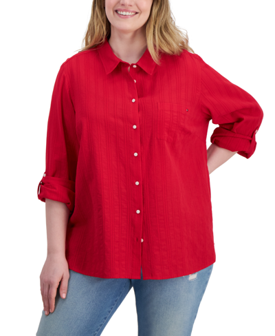 Shop Tommy Hilfiger Plus Size Cotton Striped Utility Shirt In Scarlet