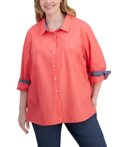 Shop Tommy Hilfiger Plus Size Cotton Roll-tab Shirt In Sherbert