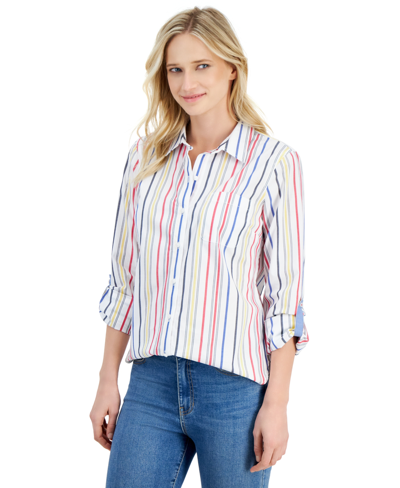 Shop Nautica Women's Gateway Cotton Striped Roll-tab Shirt In Bright Red