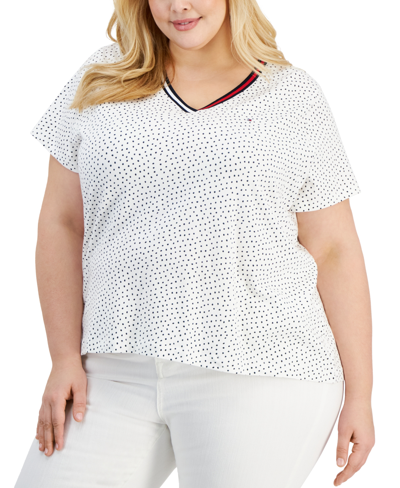 Shop Tommy Hilfiger Plus Size V-neck Dot-print Top In Bright White