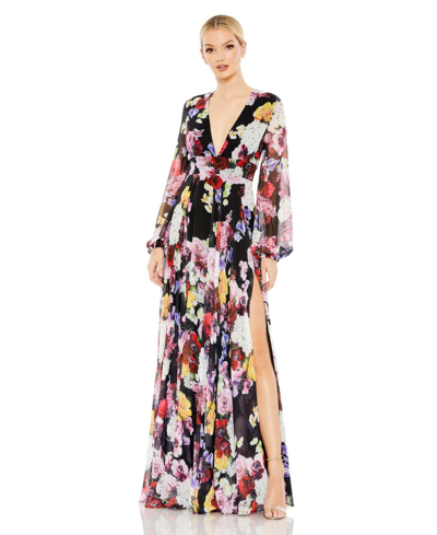 Shop Mac Duggal Women's Ieena Floral Print Illusion Long Sleeve V Neck Gown In Black Multi