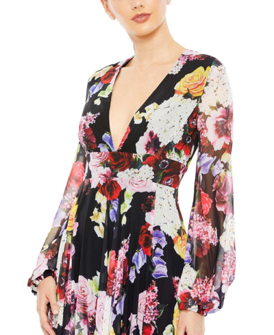 Shop Mac Duggal Women's Ieena Floral Print Illusion Long Sleeve V Neck Gown In Black Multi