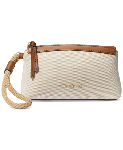 Shop Michael Kors Michael  Talia Small Top Zip Cotton Wristlet In Natural,luggage