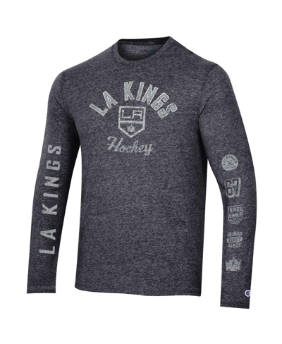 Shop Champion Men's  Heather Black Distressed Los Angeles Kings Multi-logo Tri-blend Long Sleeve T-shirt