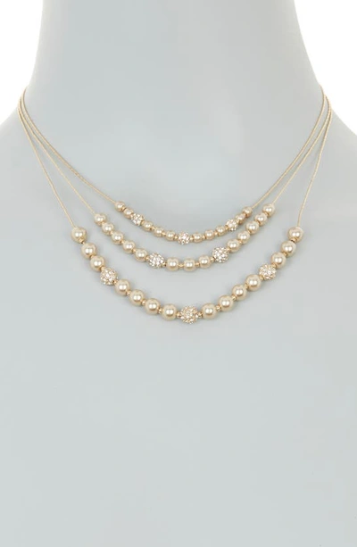 Shop Anne Klein Three Layer Chain Necklace In Pearl/ Crystal/ Gold