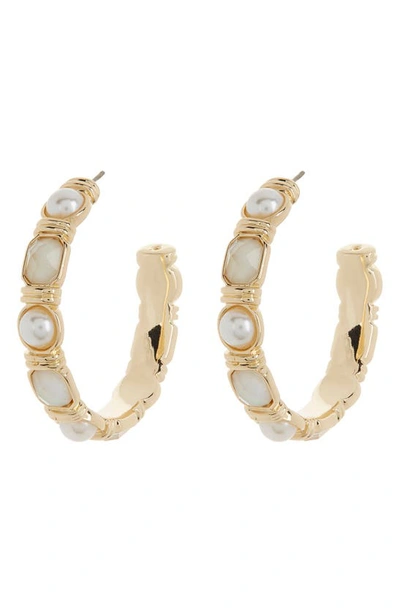 Shop Anne Klein Imitation Pearl & Crystal Hoop Earrings In Pearl/ Crystal/ Gold