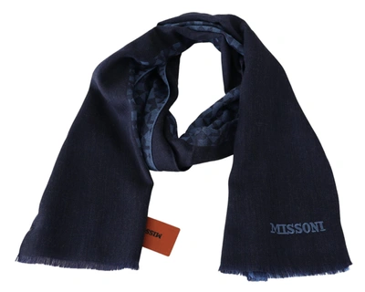 Shop Missoni Navy Wool Knit Unisex Neck Wrap Fringe Shawl Men's Scarf In Navy Blue