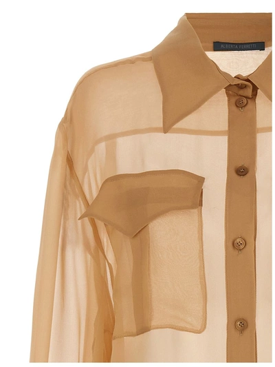 Shop Alberta Ferretti Beige Shirt With Pointed Collar And Patch Pockets In Silk Chiffon Woman