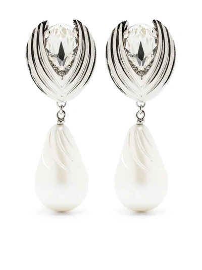 Shop Alessandra Rich Clip Earrings In Silver Metal With Crystals And Pearls In Grey