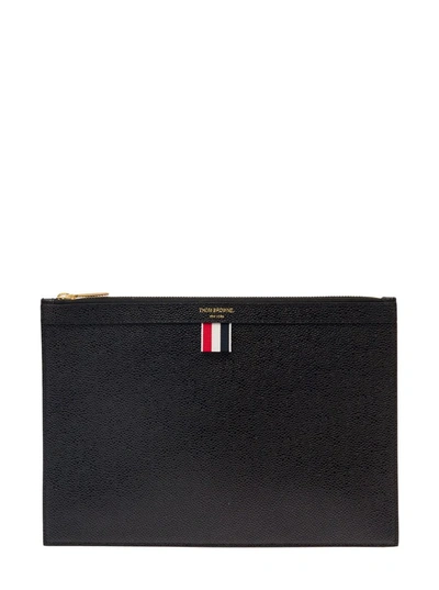 Shop Thom Browne Black Document Holder With Grained Texture And Web Detail In Leather Man