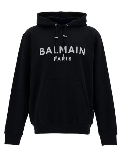 Shop Balmain Black Hoodie With Contrasting Logo In Cotton Man