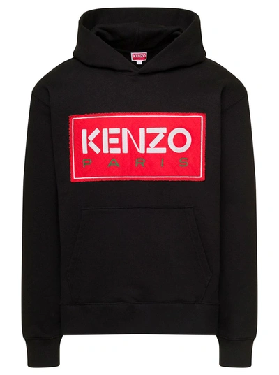 Shop Kenzo Black Hoodie With Logo Print In Cotton Stretch Man