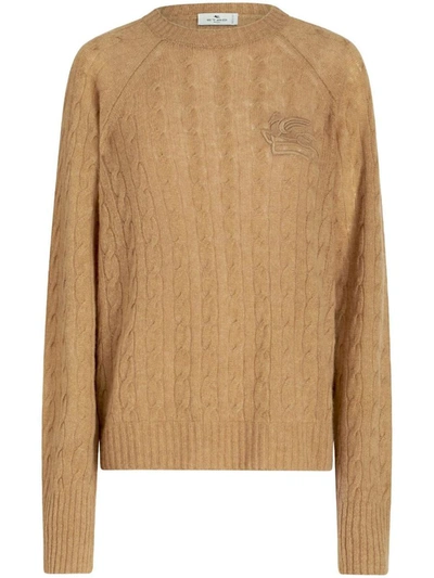Shop Etro Cable Knit Sweater With Embroidered Logo In Brown
