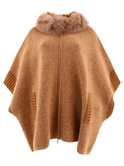 Shop Giovi Cape With Fur Inserts In Beige