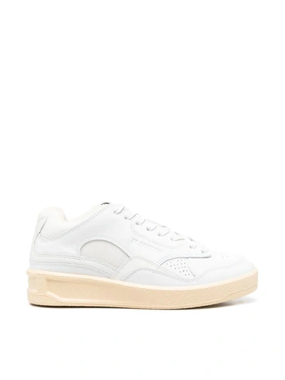 Shop Jil Sander Cow Leather And Fabric Mesh Mid Cut Sneakers Shoes In White