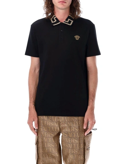 Shop Versace Greca Short-sleeved Polo Shirt In Black