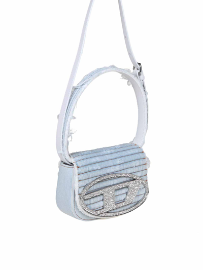 Shop Diesel 1dr Bag In Black Canvas With Crystals In Light Blue