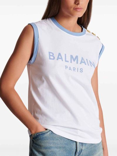 Balmain Tank Top With Shoulder Buttons And Contrast Trim In White