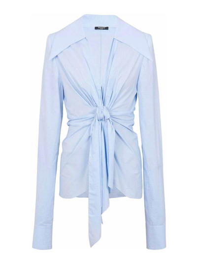 Shop Balmain Gingham Knotted Shirt In Light Blue