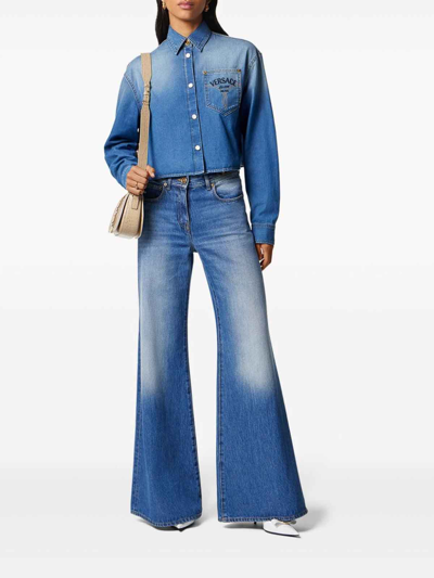 Versace Cropped Blue Denim Shirt In Blue