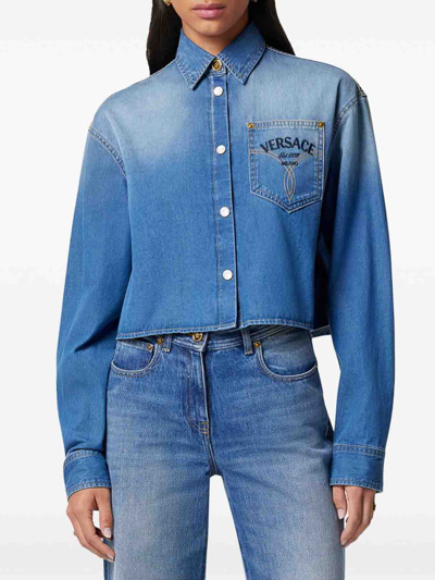 Versace Cropped Blue Denim Shirt In Blue